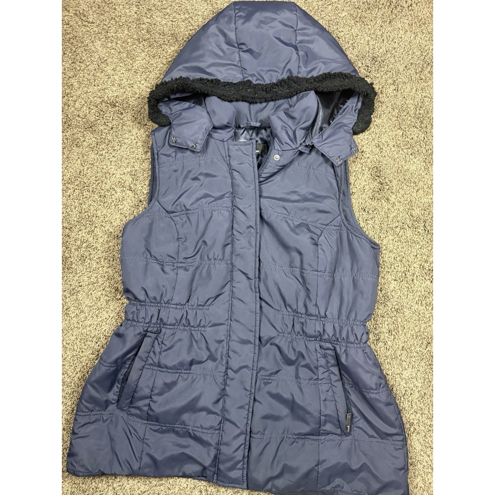 Dennis Basso Women's Medium Blue Hooded Puffer Vest Quilted Full Zip Winter